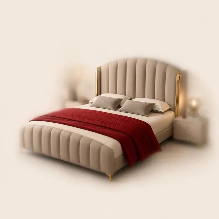 An upholstered bed dressed in cream and red