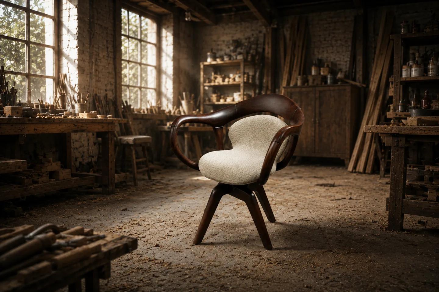 A chair photographed where it was made, in a working joinery