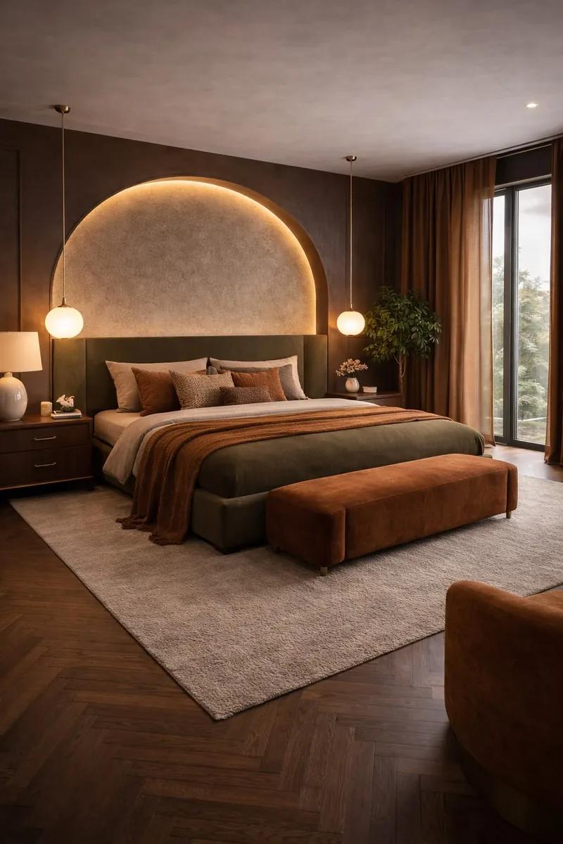 A made bed in an arched bedroom