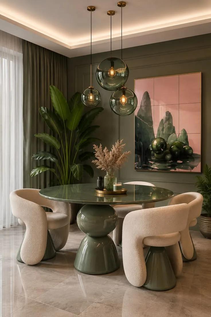 A green dining room with sculpted chairs