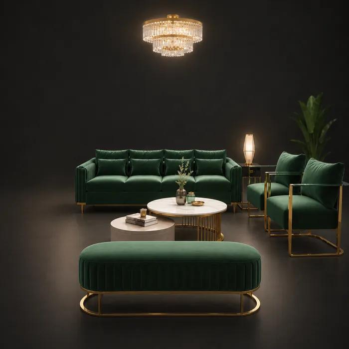 A green-and-brass living room at dusk